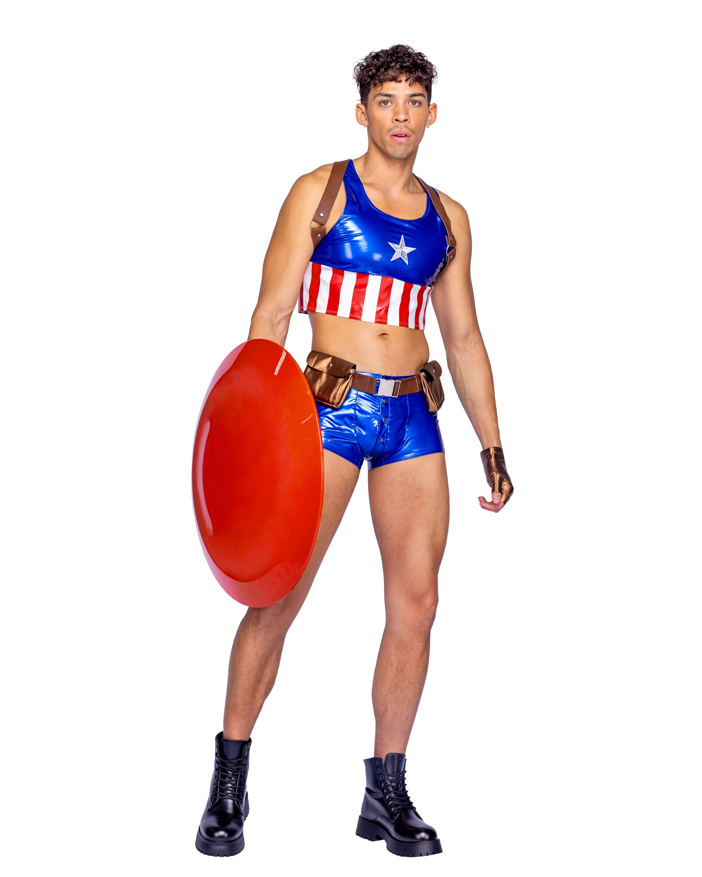 Men's patriotic hero costume, vinyl tank and harness, view 3